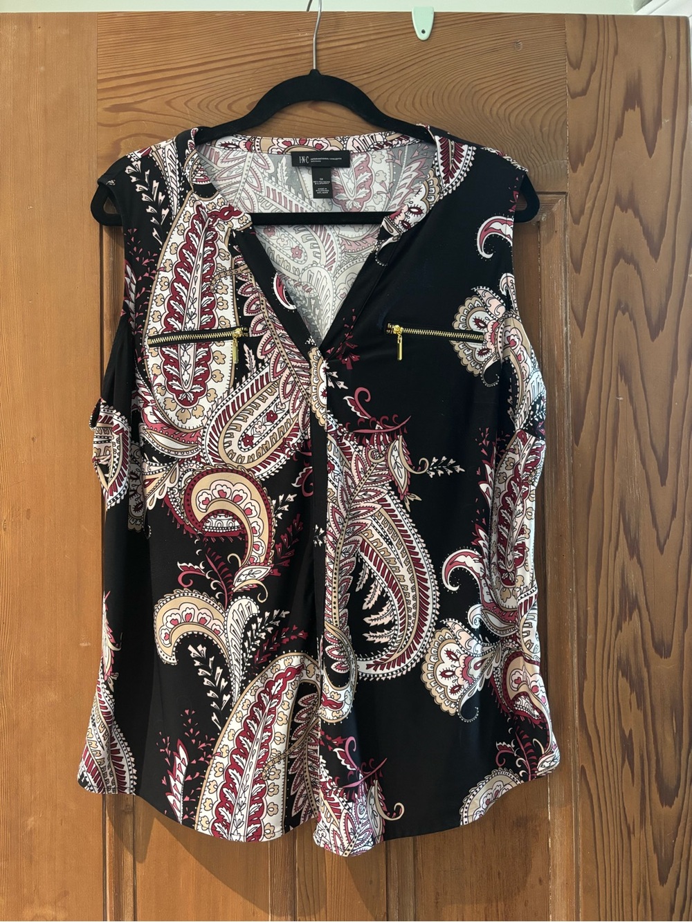 INC International Concepts Black Paisley Short Sleeve Zip-Front Blouse Size 1X